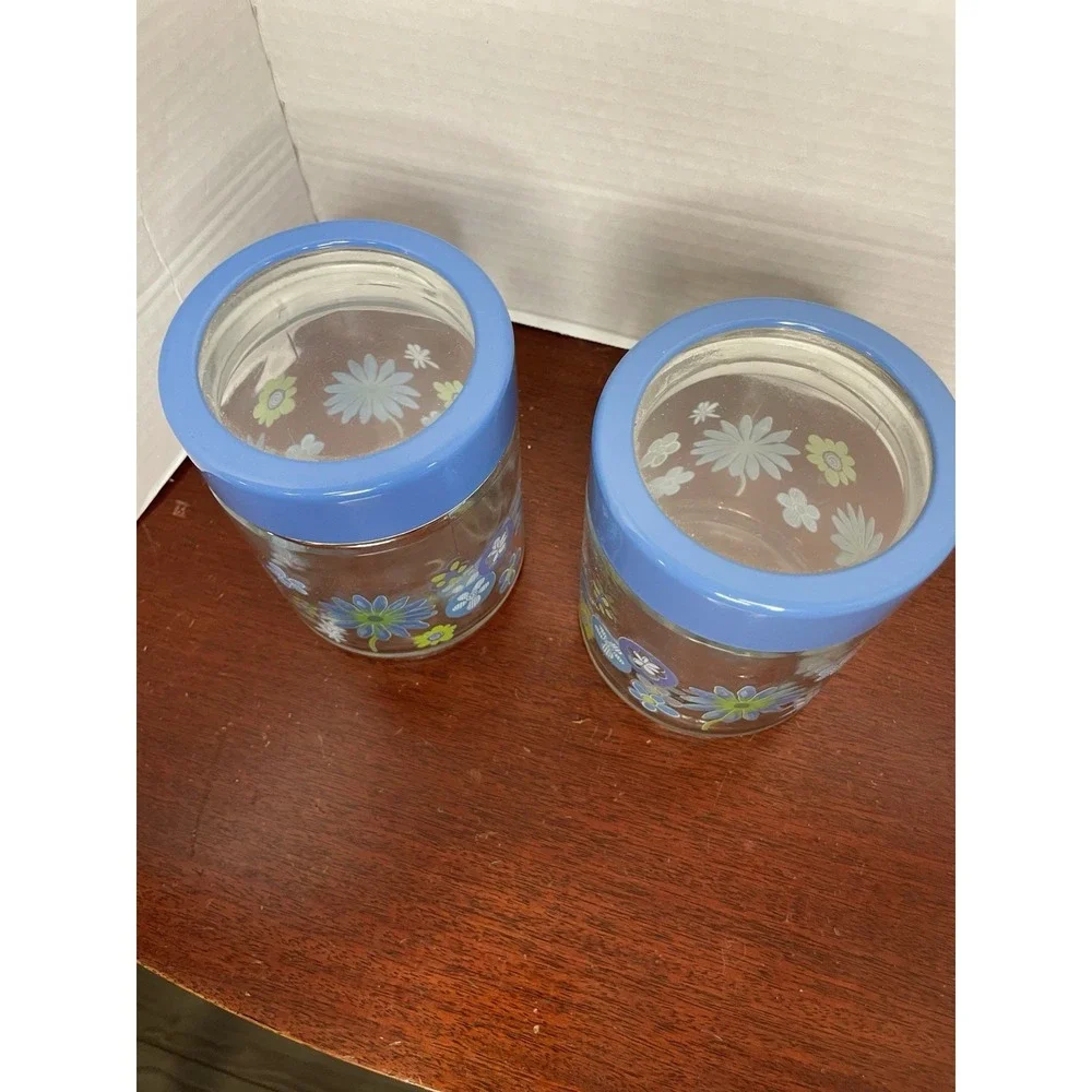 Vintage Glass Canister Jar Blue Lid Blue And Green Floral Retro Decor Set Of 2